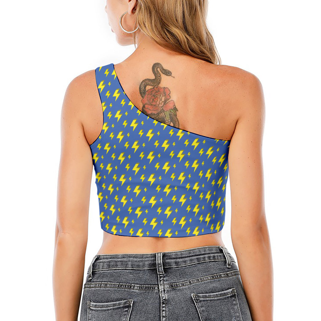 Blue And Yellow Lightning Pattern Print One Shoulder Crop Top
