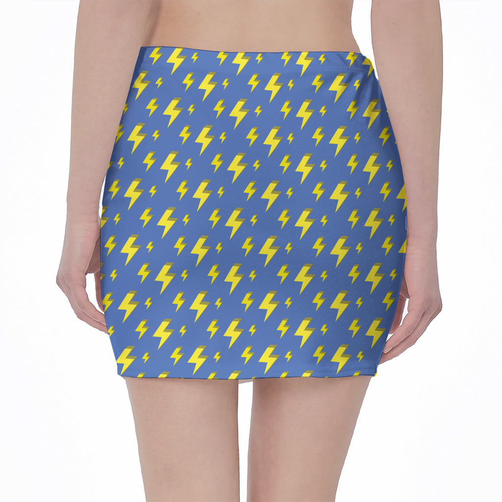 Blue And Yellow Lightning Pattern Print Pencil Mini Skirt