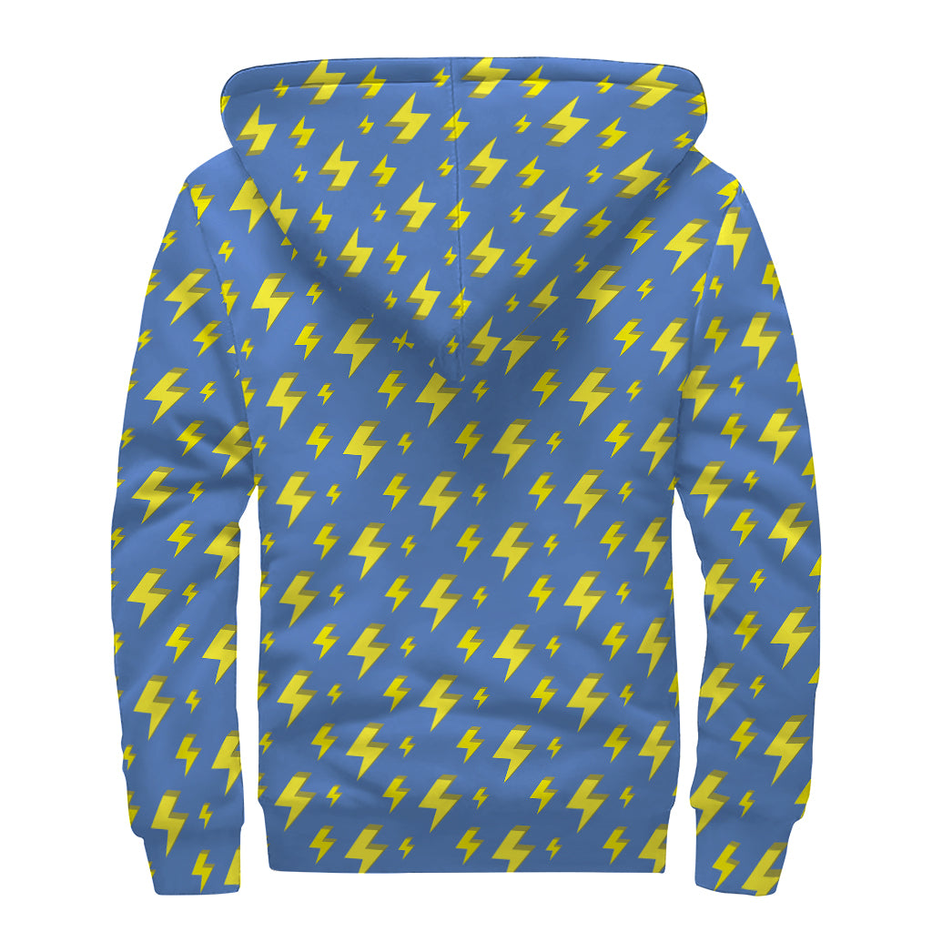 Blue And Yellow Lightning Pattern Print Sherpa Lined Zip Up Hoodie