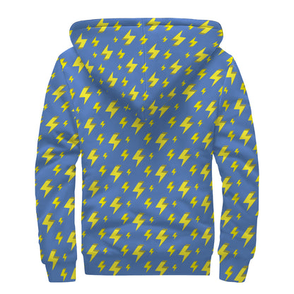 Blue And Yellow Lightning Pattern Print Sherpa Lined Zip Up Hoodie