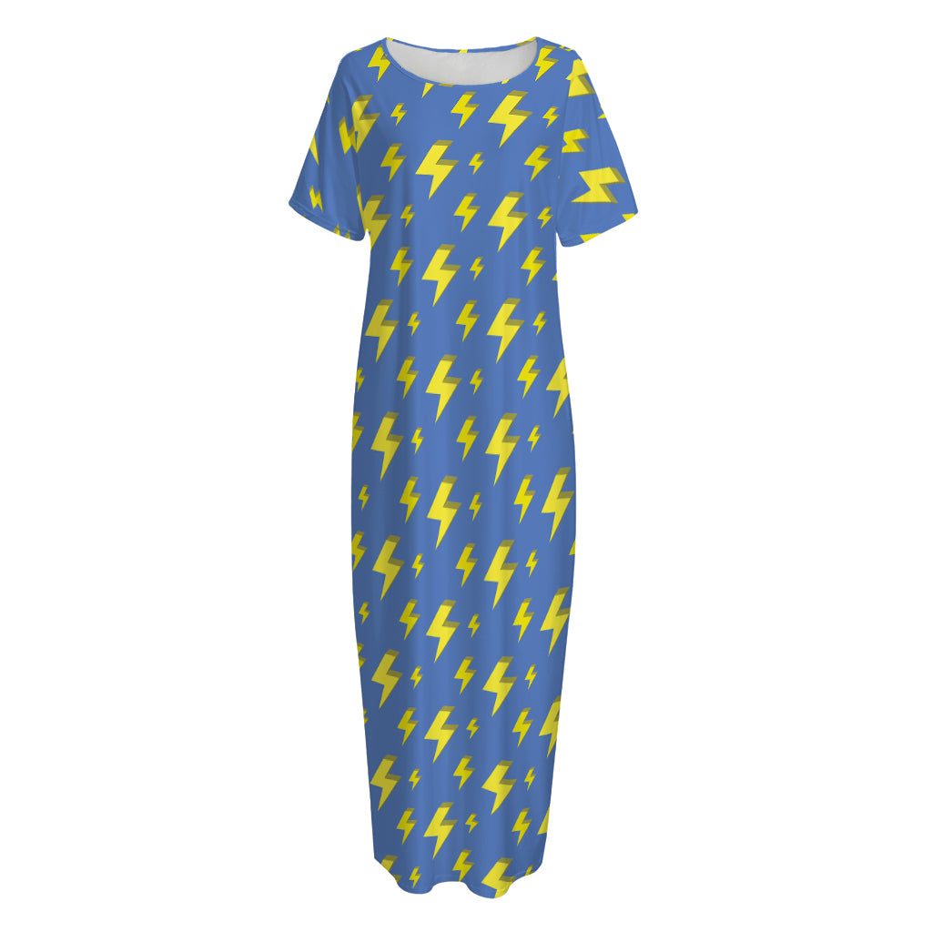 Blue And Yellow Lightning Pattern Print Short Sleeve Long Nightdress