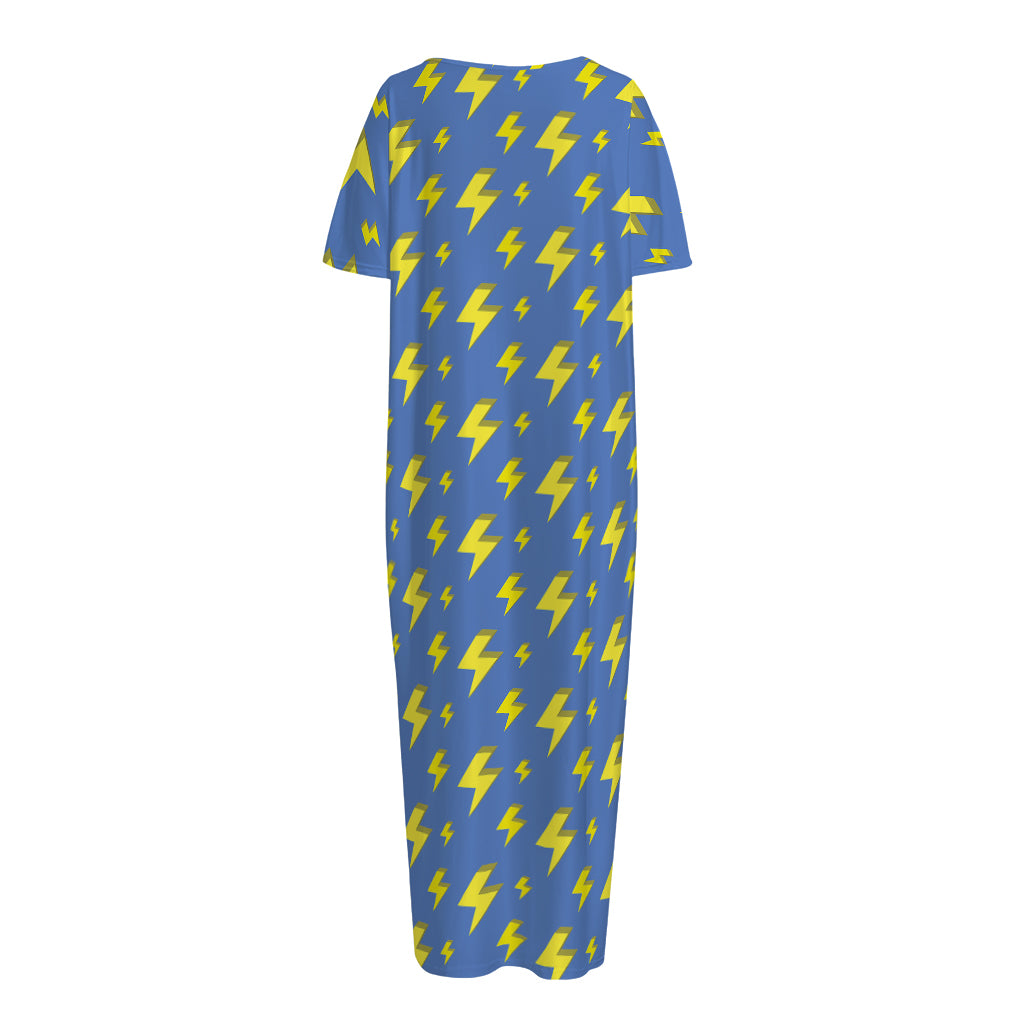 Blue And Yellow Lightning Pattern Print Short Sleeve Long Nightdress
