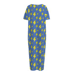 Blue And Yellow Lightning Pattern Print Short Sleeve Long Nightdress