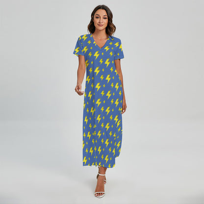 Blue And Yellow Lightning Pattern Print Short Sleeve Maxi Dress