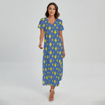 Blue And Yellow Lightning Pattern Print Short Sleeve Maxi Dress