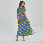Blue And Yellow Lightning Pattern Print Short Sleeve Maxi Dress