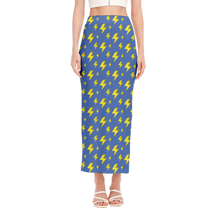 Blue And Yellow Lightning Pattern Print Side Slit Maxi Skirt