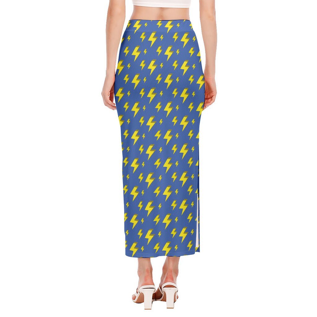 Blue And Yellow Lightning Pattern Print Side Slit Maxi Skirt