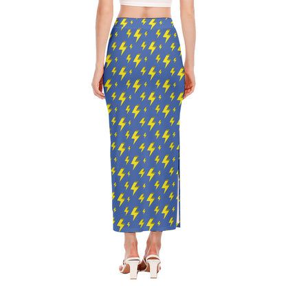 Blue And Yellow Lightning Pattern Print Side Slit Maxi Skirt