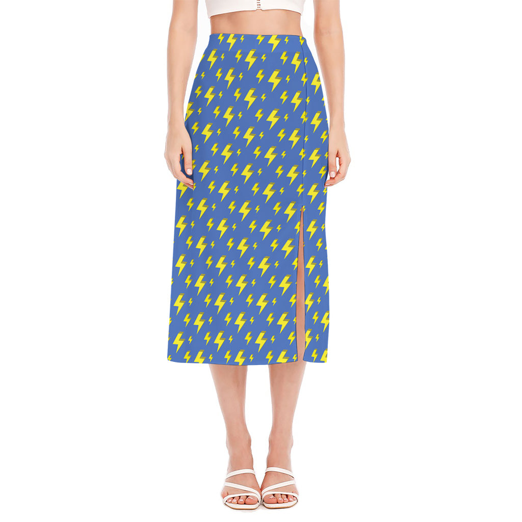 Blue And Yellow Lightning Pattern Print Side Slit Midi Skirt