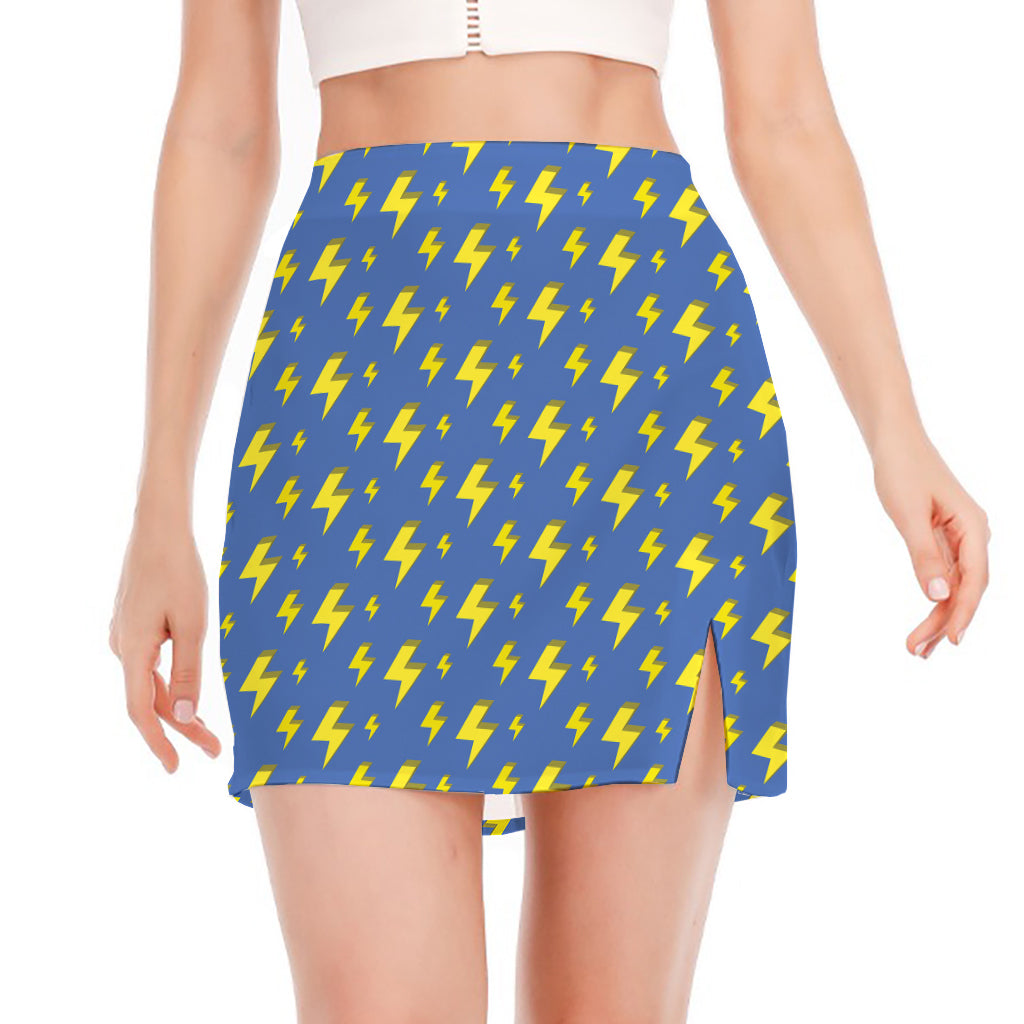 Blue And Yellow Lightning Pattern Print Side Slit Mini Skirt