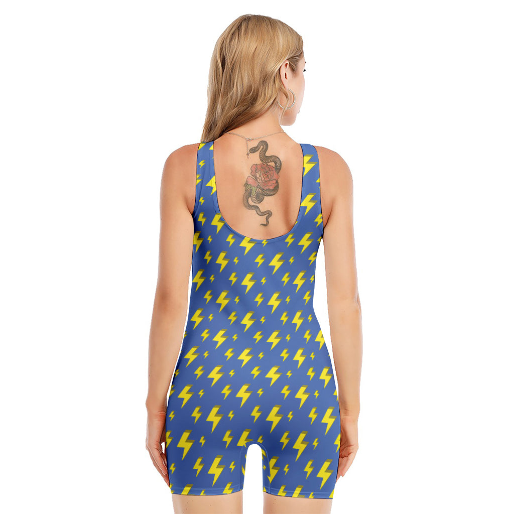 Blue And Yellow Lightning Pattern Print Sleeveless One Piece Swimsuit