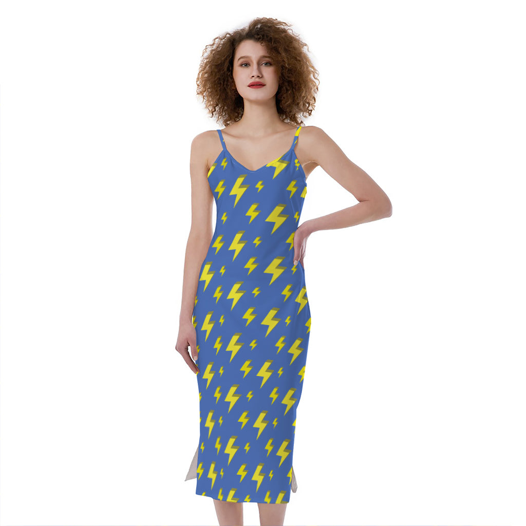 Blue And Yellow Lightning Pattern Print Slim Fit Midi Cami Dress