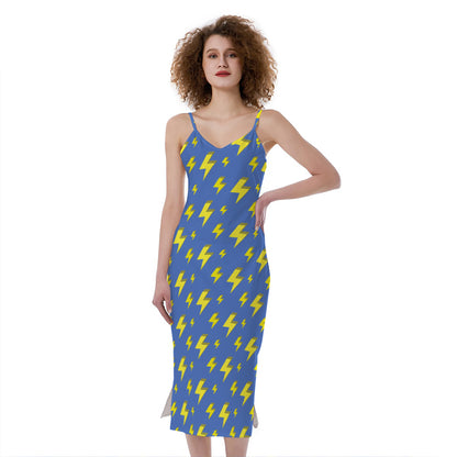 Blue And Yellow Lightning Pattern Print Slim Fit Midi Cami Dress