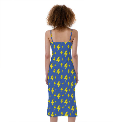 Blue And Yellow Lightning Pattern Print Slim Fit Midi Cami Dress