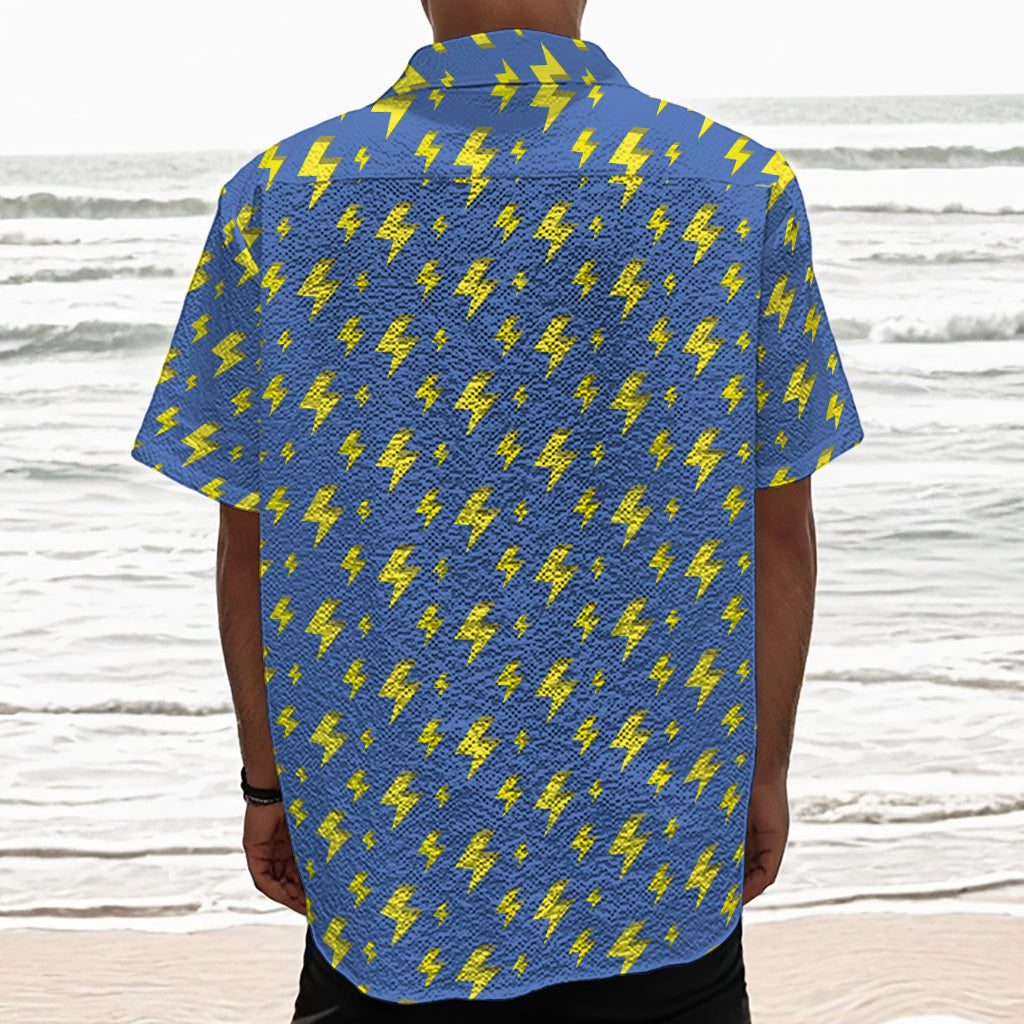 Blue And Yellow Lightning Pattern Print Textured Short Sleeve Shirt