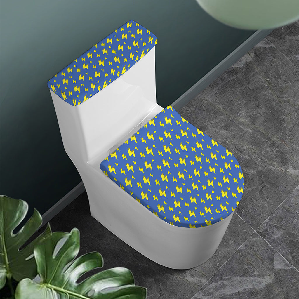 Blue And Yellow Lightning Pattern Print Toilet Lid And Tank Cover Set