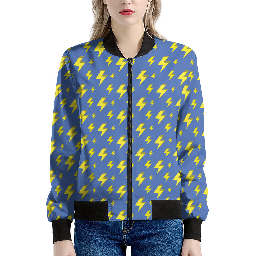 Blue And Yellow Lightning Pattern Print Women's Bomber Jacket