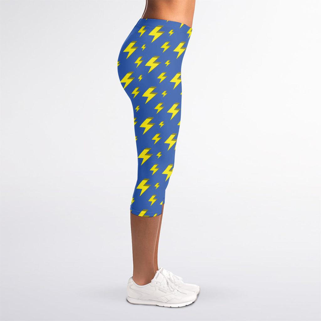 Blue And Yellow Lightning Pattern Print Women's Capri Leggings