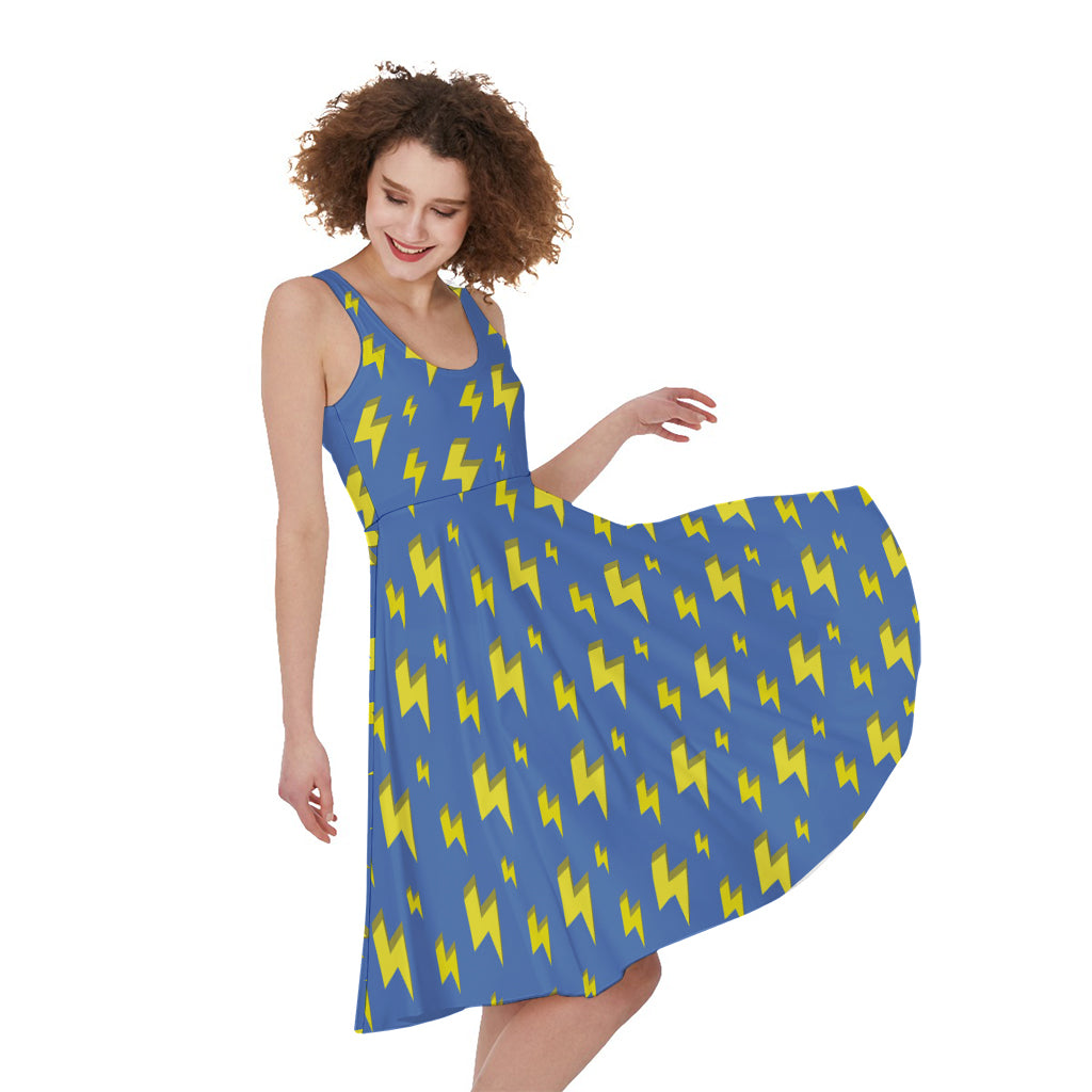Blue And Yellow Lightning Pattern Print Women's Sleeveless Dress
