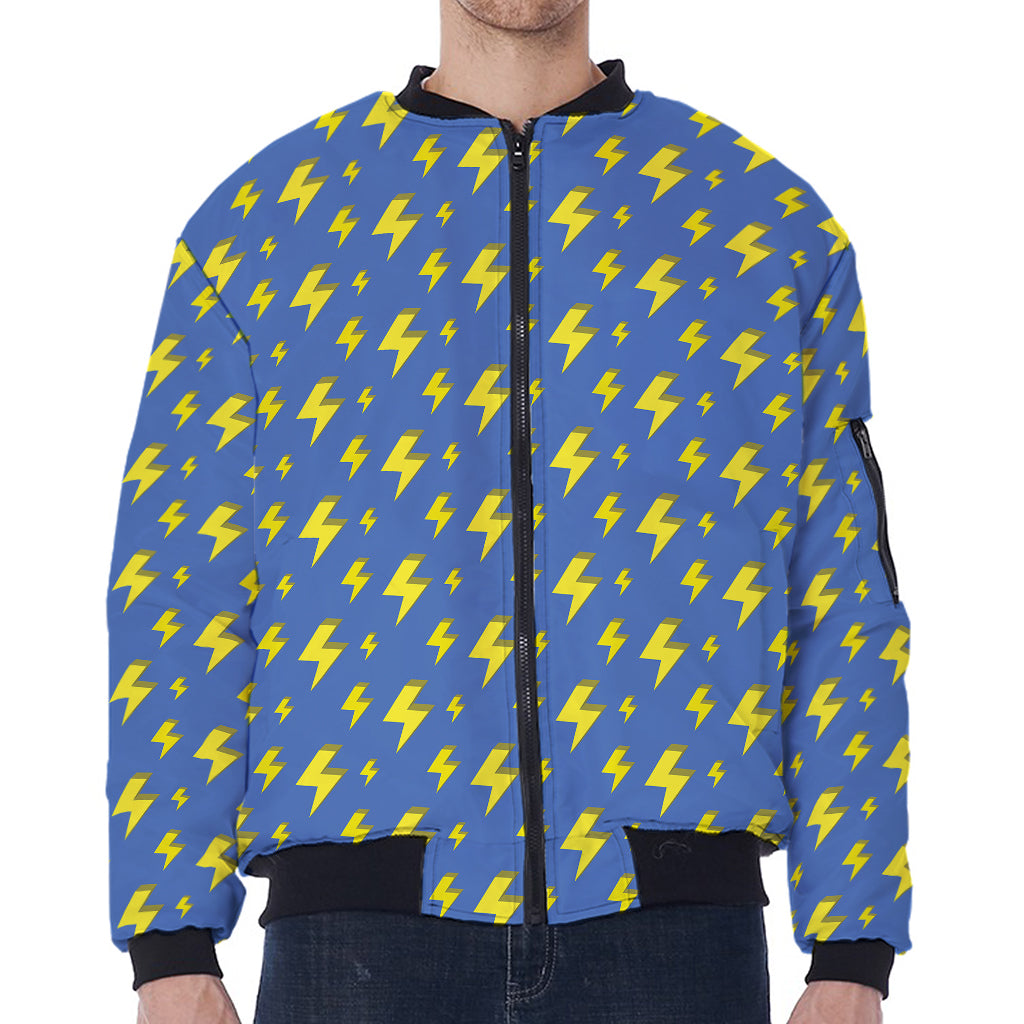 Blue And Yellow Lightning Pattern Print Zip Sleeve Bomber Jacket