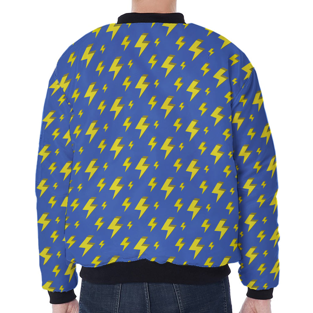 Blue And Yellow Lightning Pattern Print Zip Sleeve Bomber Jacket