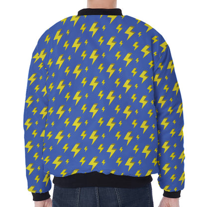 Blue And Yellow Lightning Pattern Print Zip Sleeve Bomber Jacket