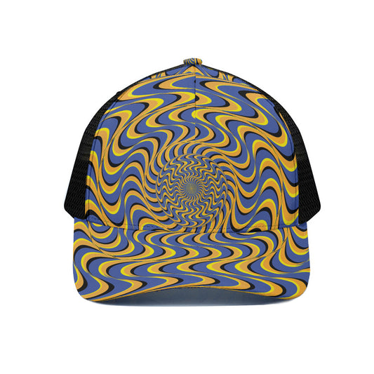 Blue And Yellow Motion Illusion Print Black Mesh Trucker Cap