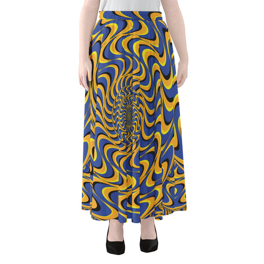 Blue And Yellow Motion Illusion Print Chiffon Maxi Skirt