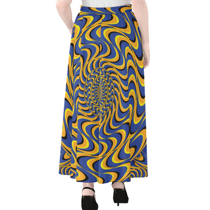 Blue And Yellow Motion Illusion Print Chiffon Maxi Skirt