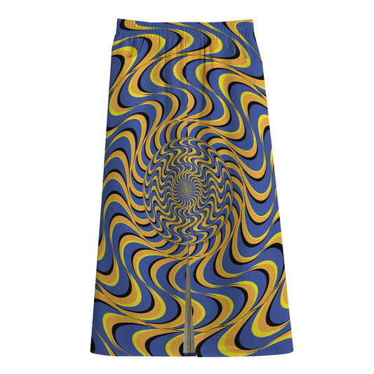 Blue And Yellow Motion Illusion Print Cotton Front Slit Maxi Skirt