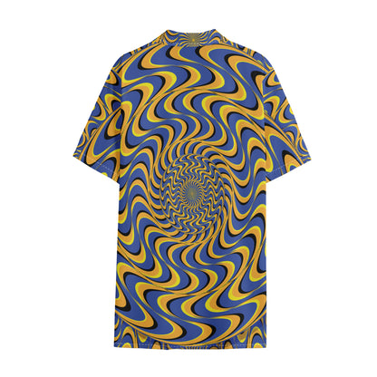 Blue And Yellow Motion Illusion Print Cotton Hawaiian Shirt