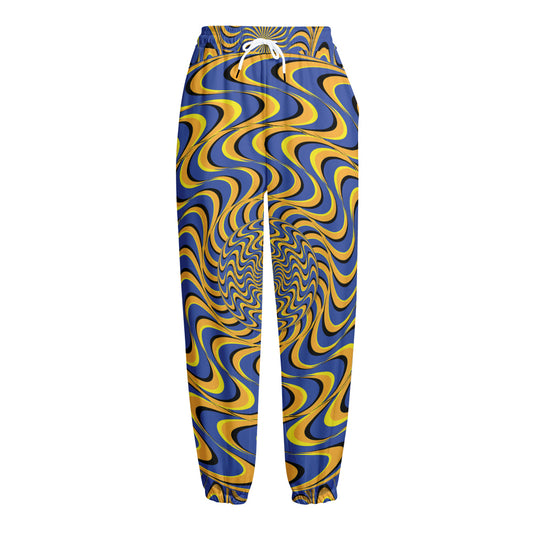 Blue And Yellow Motion Illusion Print Fleece Lined Knit Pants