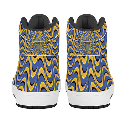 Blue And Yellow Motion Illusion Print High Top Leather Sneakers