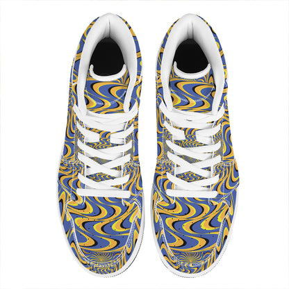 Blue And Yellow Motion Illusion Print High Top Leather Sneakers
