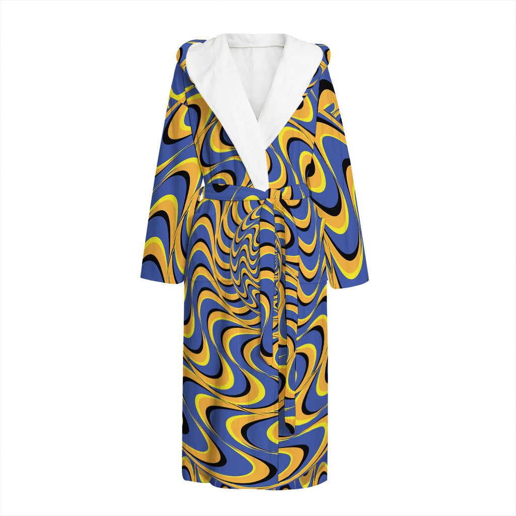 Blue And Yellow Motion Illusion Print Hooded Bathrobe