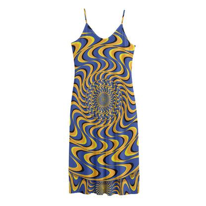 Blue And Yellow Motion Illusion Print Jersey Midi Cami Dress