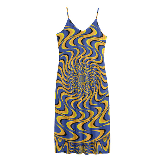Blue And Yellow Motion Illusion Print Jersey Midi Cami Dress