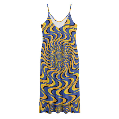Blue And Yellow Motion Illusion Print Jersey Midi Cami Dress