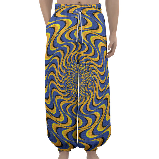 Blue And Yellow Motion Illusion Print Lantern Pants