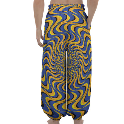 Blue And Yellow Motion Illusion Print Lantern Pants