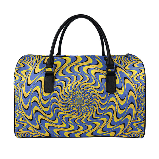 Blue And Yellow Motion Illusion Print Leather Duffle Bag