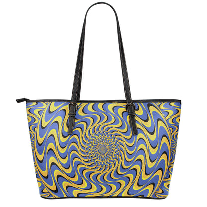 Blue And Yellow Motion Illusion Print Leather Tote Bag