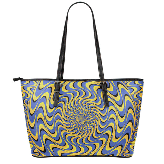 Blue And Yellow Motion Illusion Print Leather Tote Bag