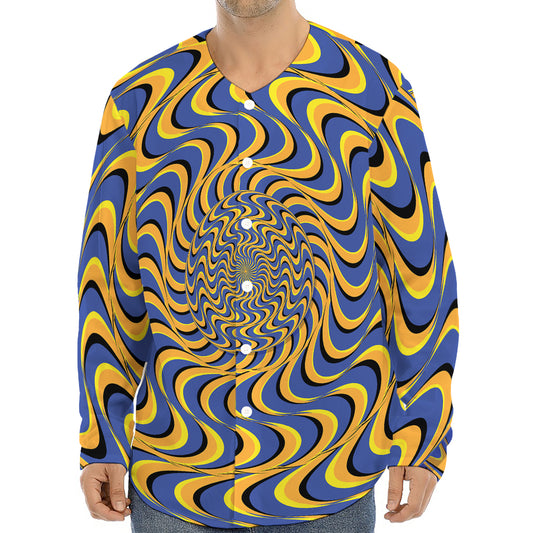 Blue And Yellow Motion Illusion Print Long Sleeve Baseball Jersey