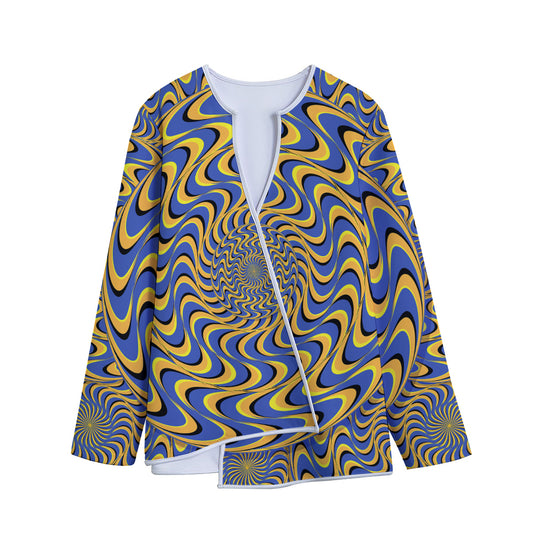 Blue And Yellow Motion Illusion Print Long Sleeve Short Coat