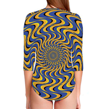 Blue And Yellow Motion Illusion Print Long Sleeve Swimsuit