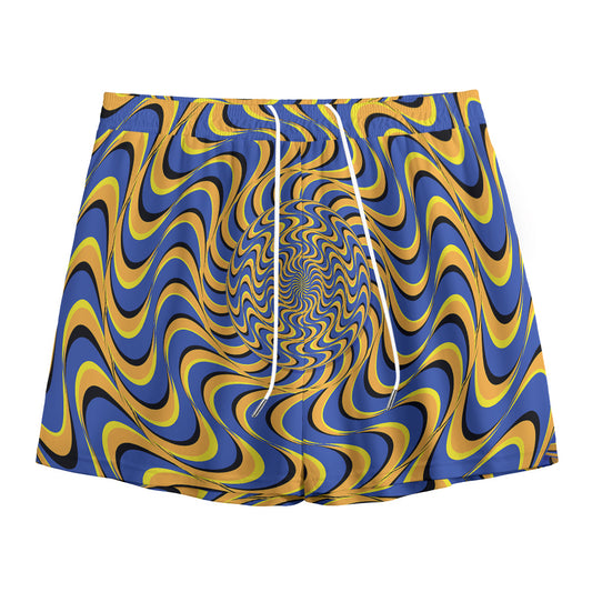 Blue And Yellow Motion Illusion Print Mesh Shorts