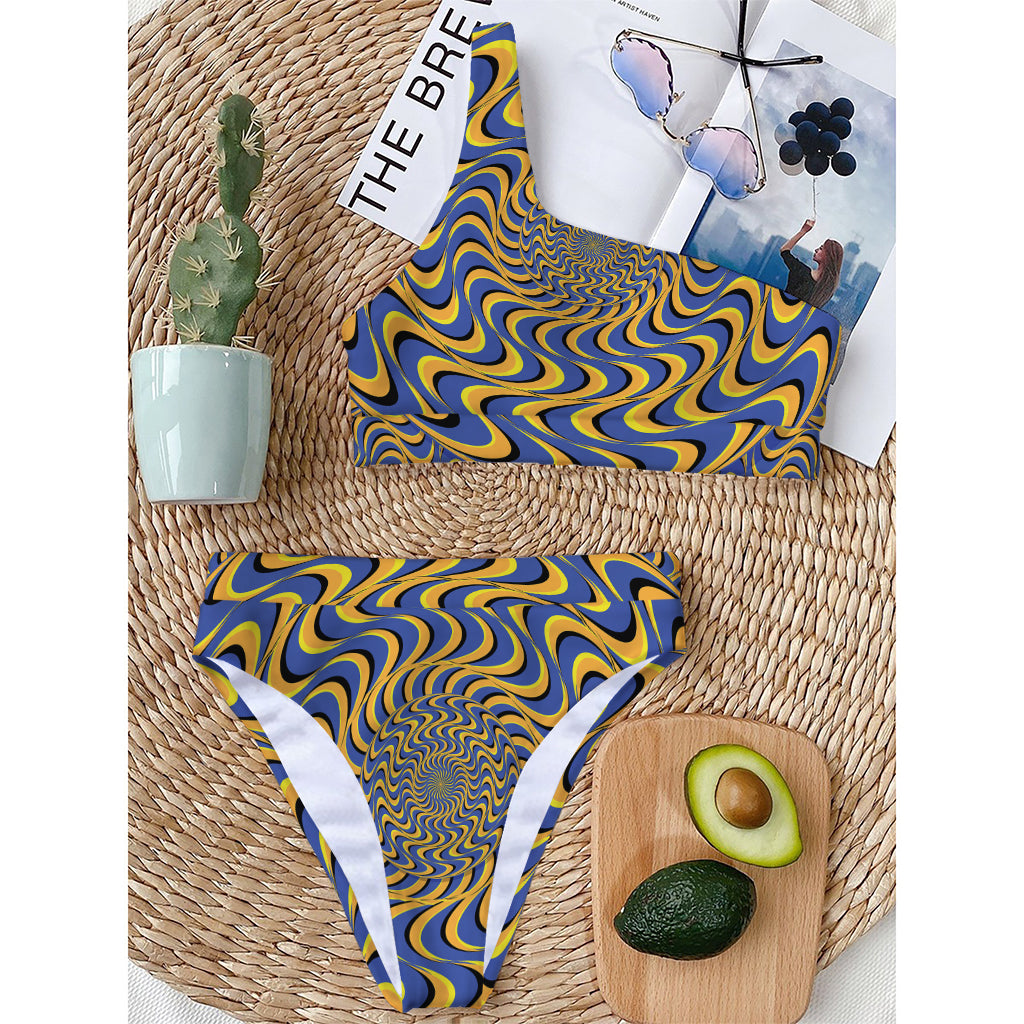 Blue And Yellow Motion Illusion Print One Shoulder Bikini Top