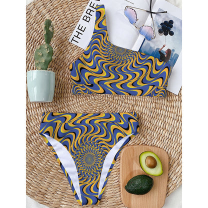 Blue And Yellow Motion Illusion Print One Shoulder Bikini Top